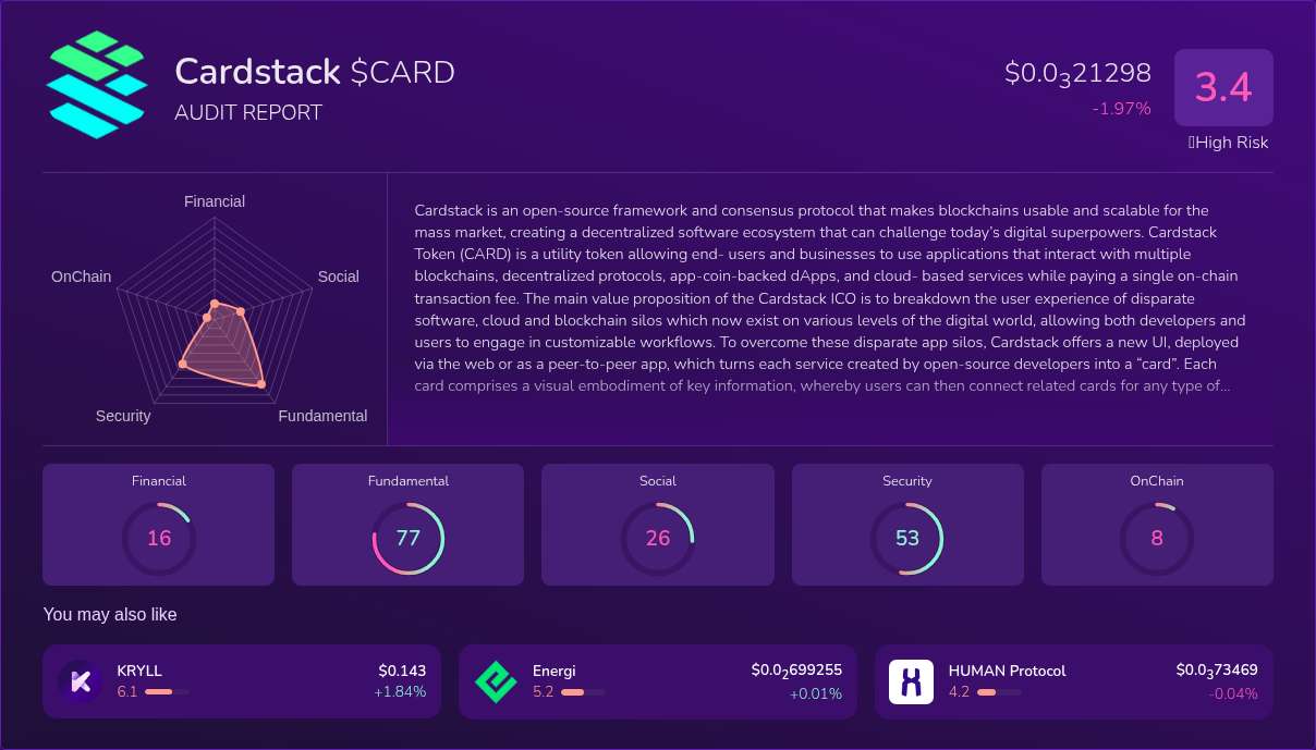 Kryll³ | $CARD (Cardstack) X-Ray Score – Trusted Token Audit, On-Chain ...