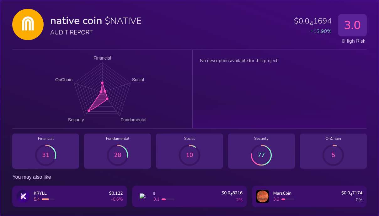 Kryll³ | $NATIVE (native coin) X-Ray Score – Trusted Token Audit, On ...